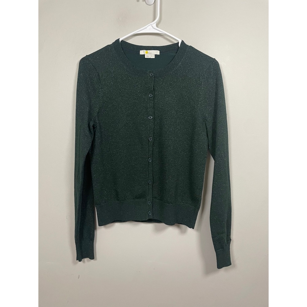 Boden Green Metallic Round Neck Cardigan Size 4 Preppy Classic Holiday